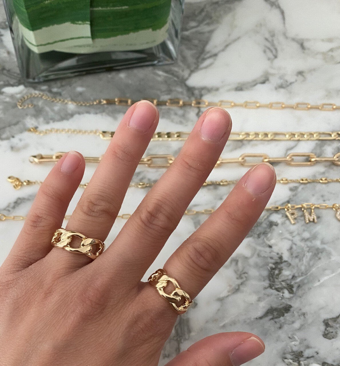 18K gold filled chain ring-thick size and thin size. Cuban chain link ring. Figaro chain link ring.