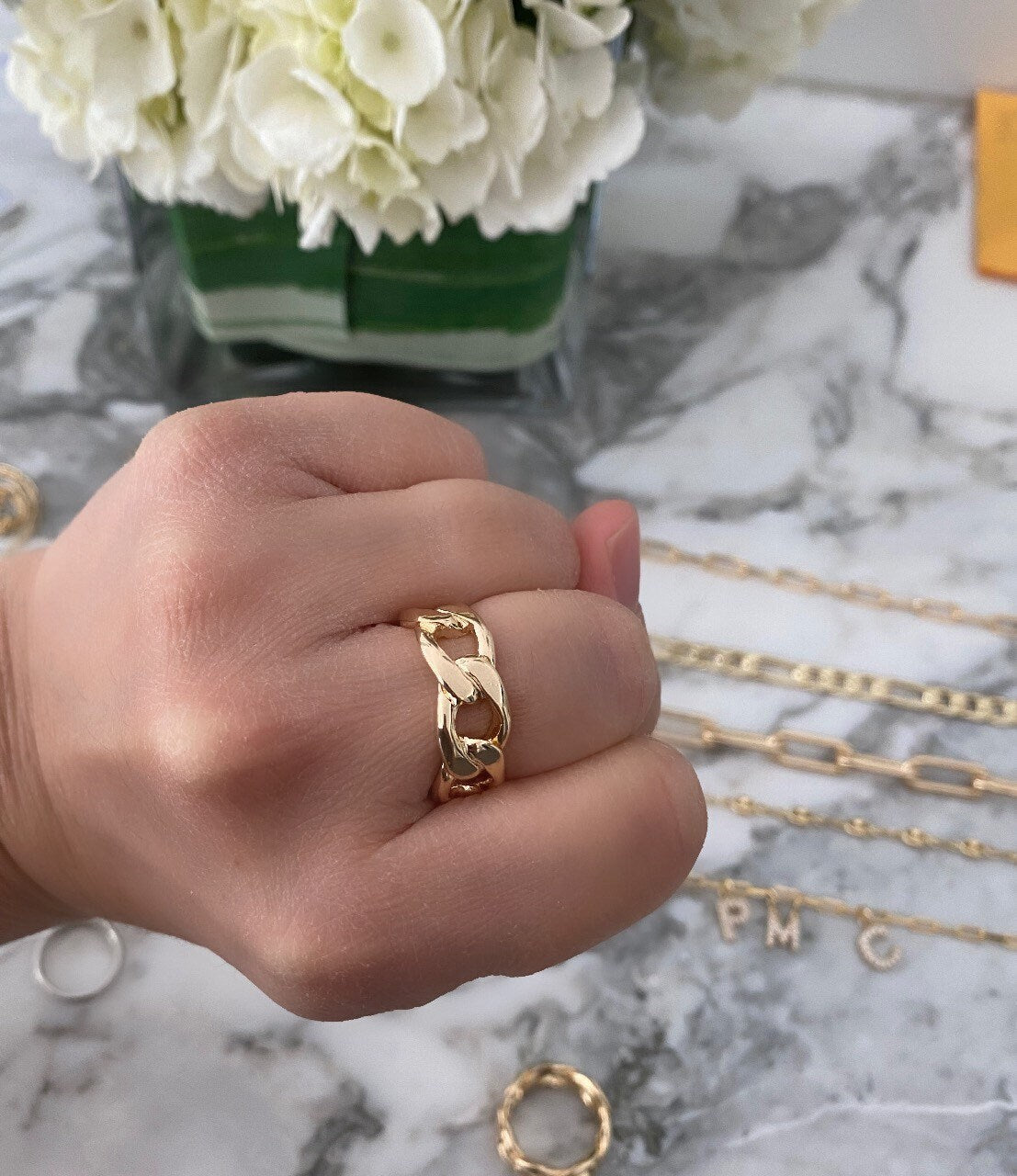 18K gold filled chain ring-thick size and thin size. Cuban chain link ring. Figaro chain link ring.