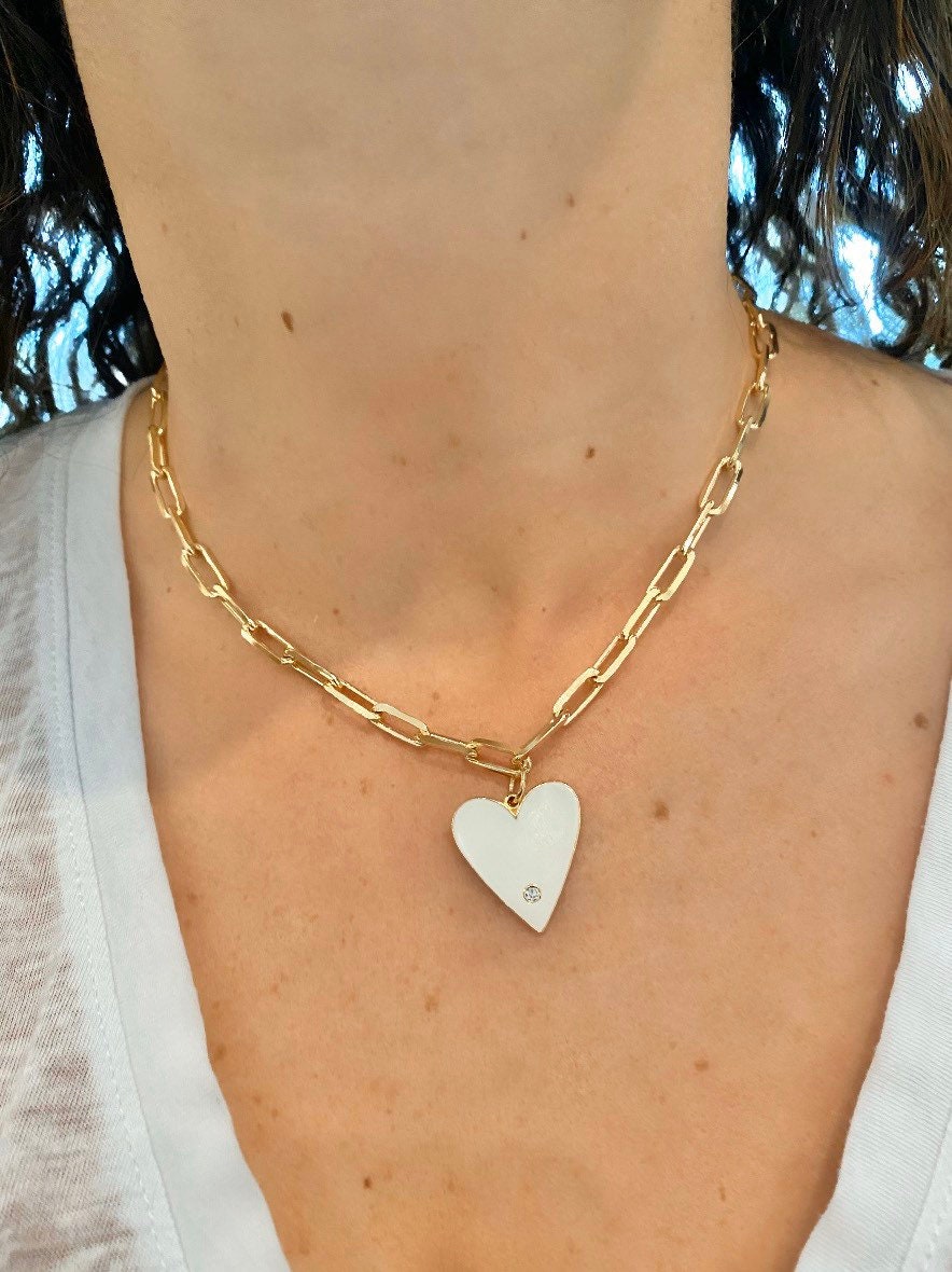 18K medium gold filled paper clip chain necklaces with jumbo enamel heart. Chain necklaces with charm. Gold-filled charm necklace