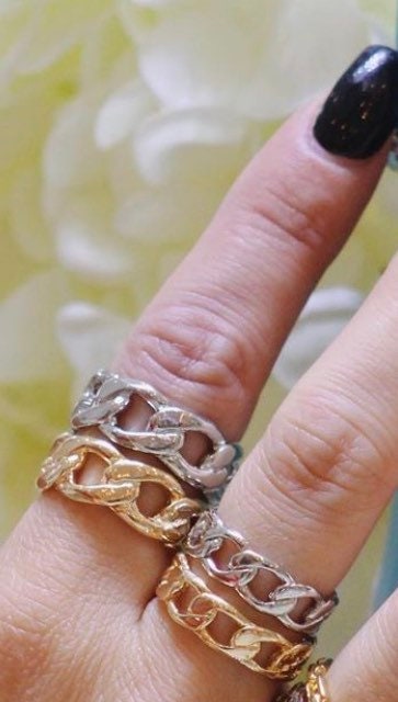 18K gold filled chain ring-thick size and thin size. Cuban chain link ring. Figaro chain link ring.