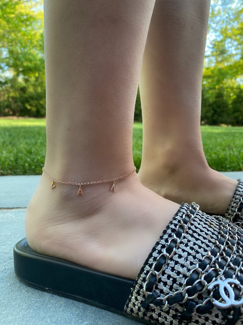 Sterling silver and gold plated dainty personalized anklet. Custom anklet.