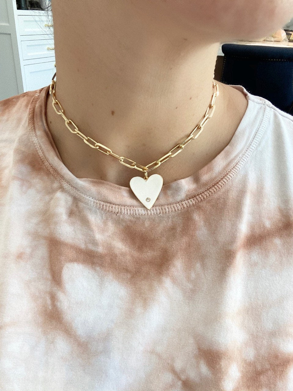 18K medium gold filled paper clip chain necklaces with jumbo enamel heart. Chain necklaces with charm. Gold-filled charm necklace