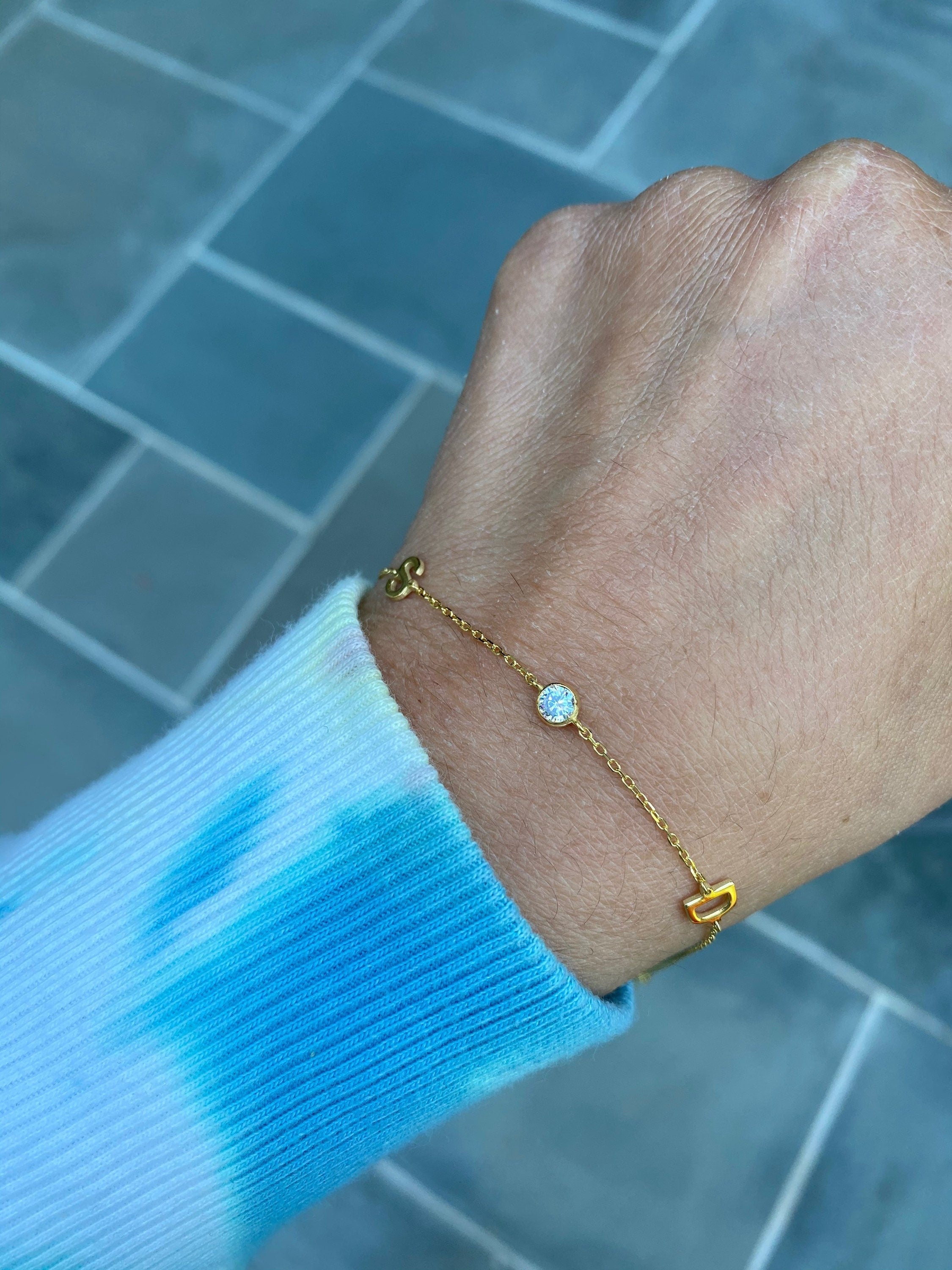 Sterling silver and gold plated CZ two initial bezel bracelets. 2 Letter bracelets. Personalized bracelets.