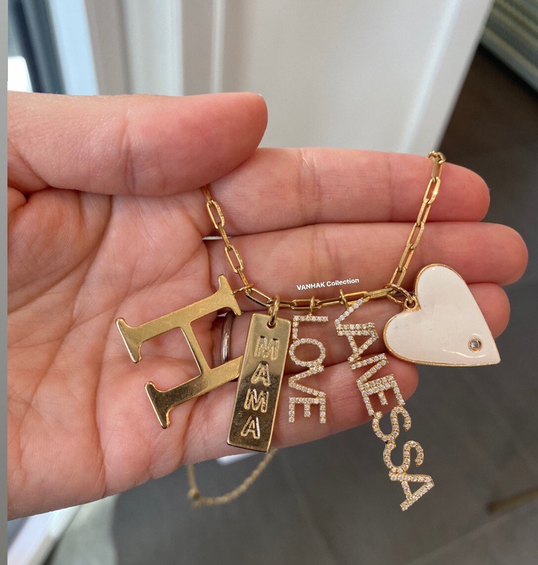 Personalized Pave’ Charms. Initial charms. Letter charms. Diamond Charms. CZ charms. Custom name charms. Sterling Silver Gold Plated.