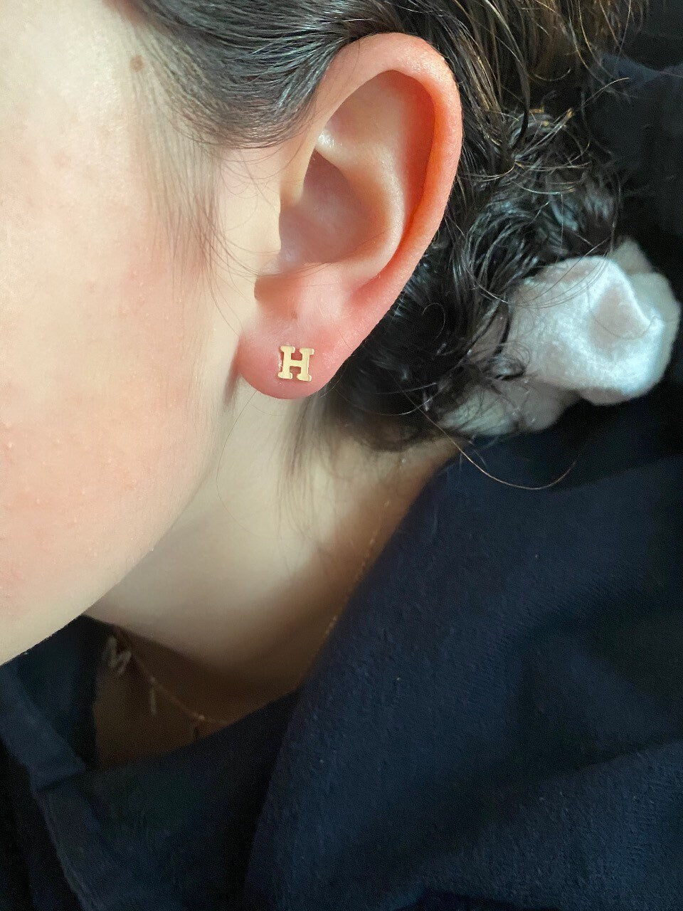 14K solid gold initial/letter earrings with Rubber backs for comfort. super comfortable.