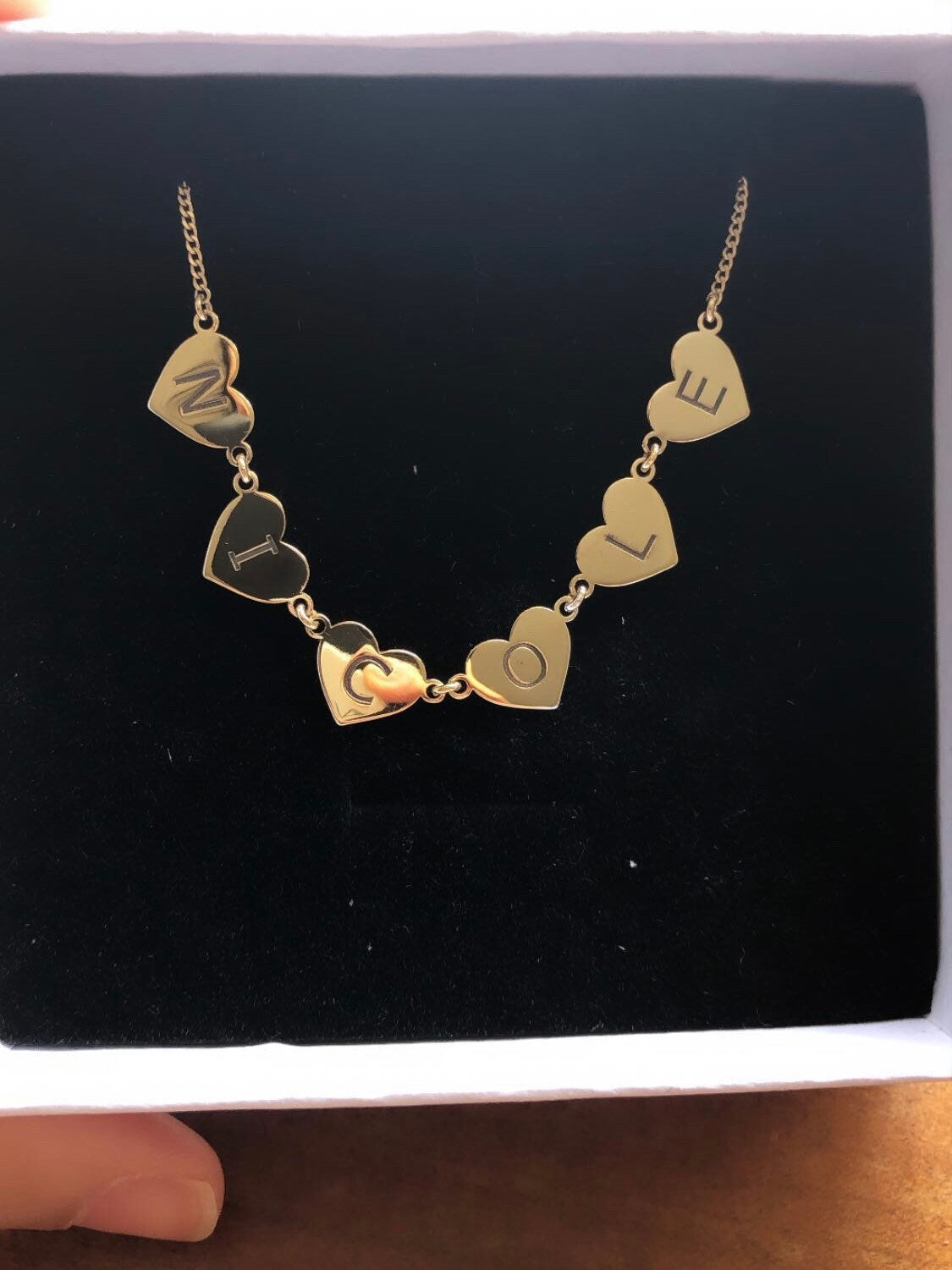Hearts name necklace. Hearts letters / initials necklace. Sterling silver and 14K gold plated. Gold or silver.