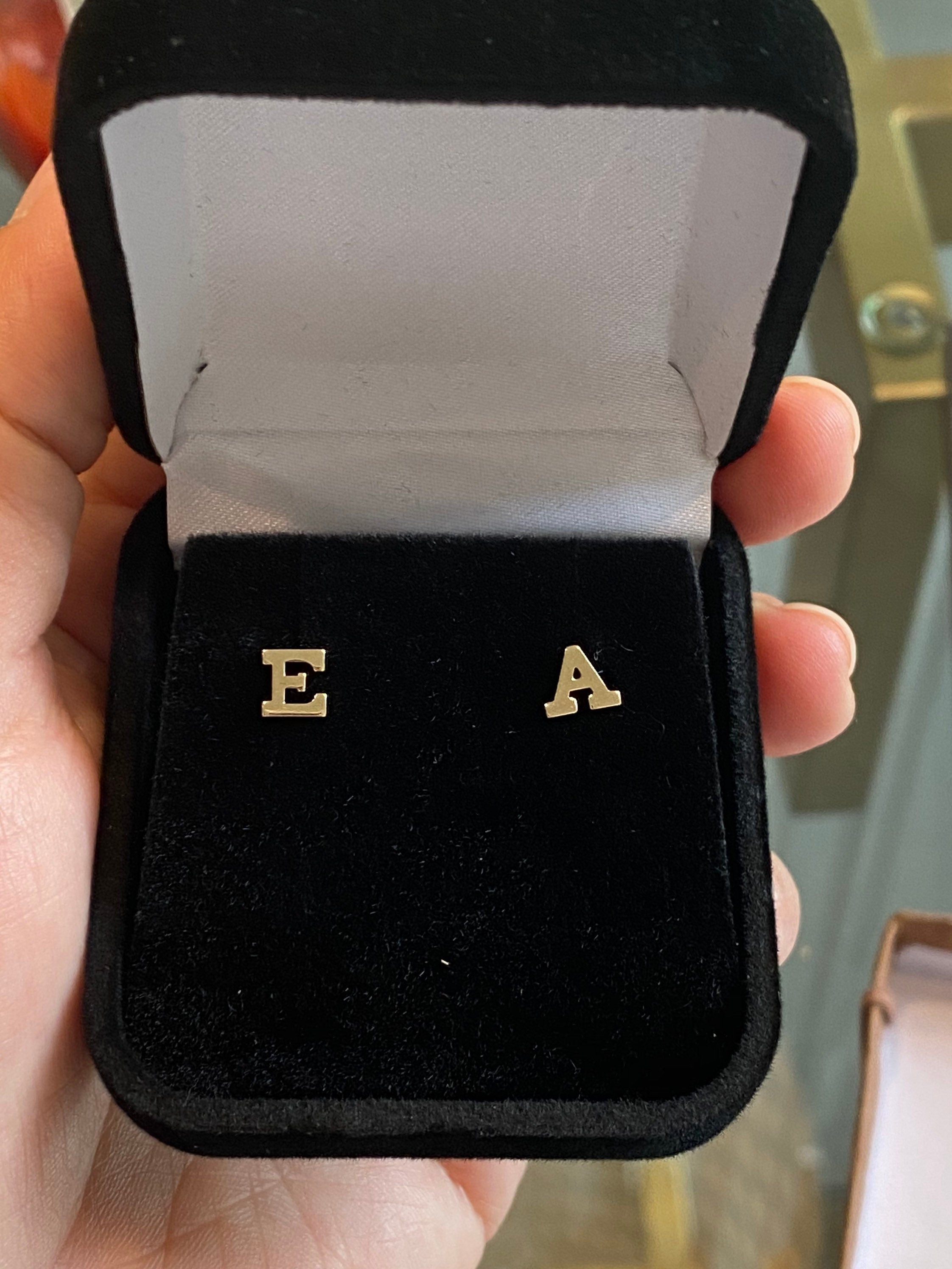 14K solid gold initial/letter earrings with Rubber backs for comfort. super comfortable.