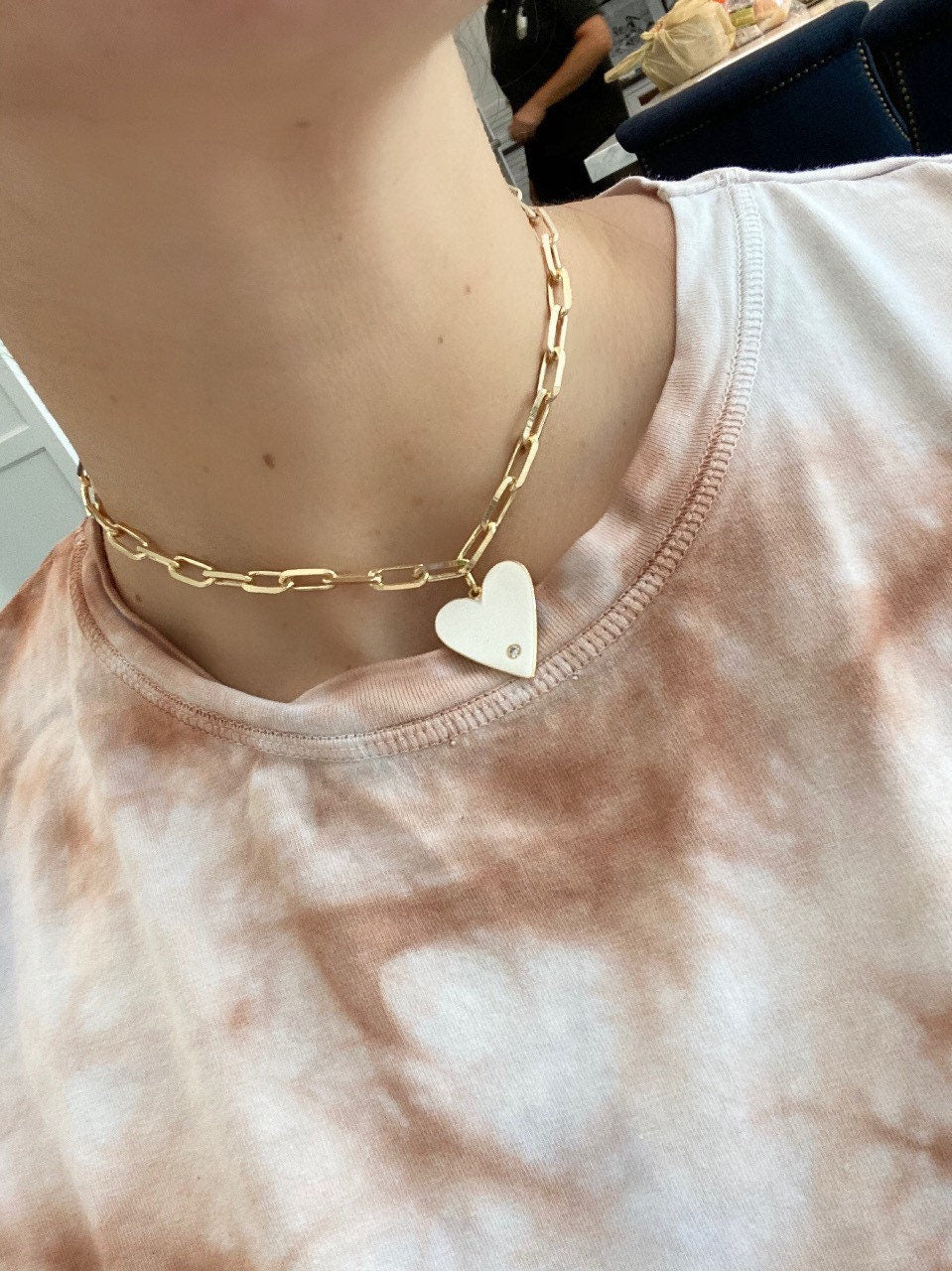 18K medium gold filled paper clip chain necklaces with jumbo enamel heart. Chain necklaces with charm. Gold-filled charm necklace