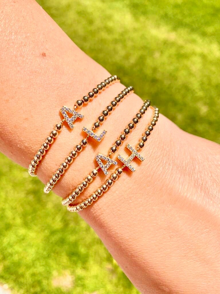14k Gold filled initial beaded ball bracelets. Gold filled beaded bracelets. Gold bead initial bracelets.