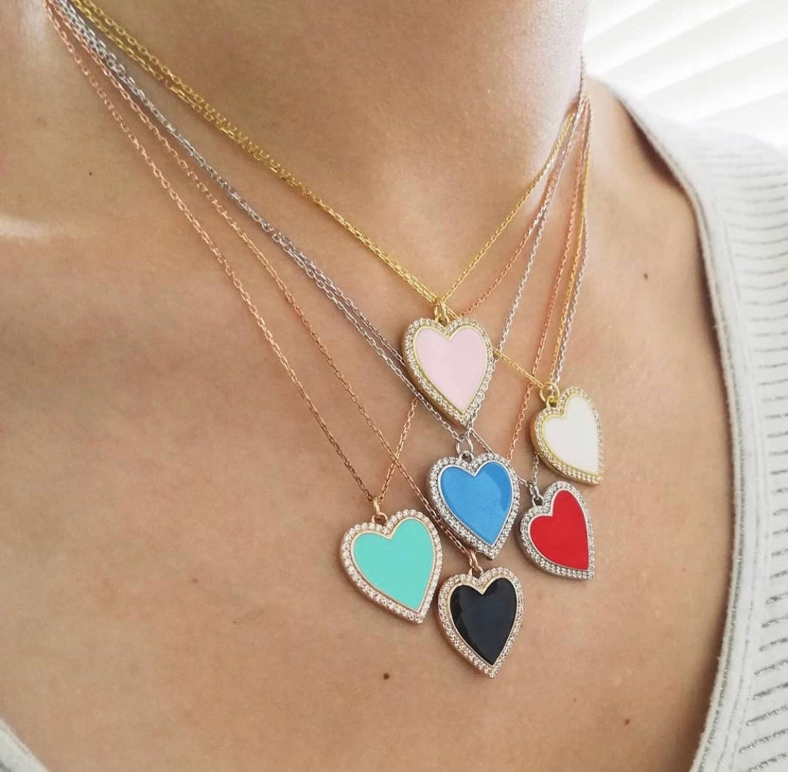 Sterling silver and gold plated heart enamel necklace with pave border