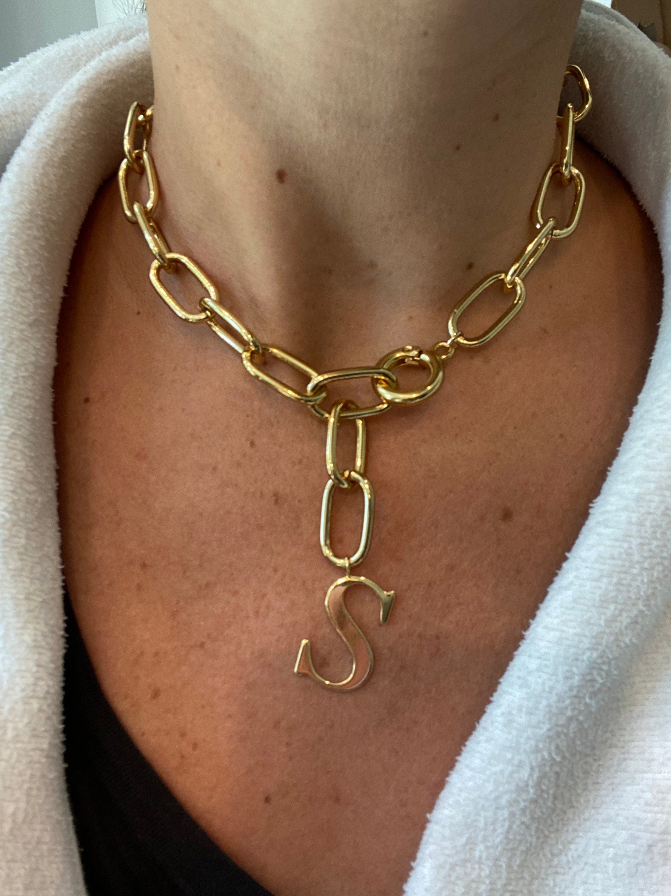18K gold-filled large link initial lariat l gold-filled mega link initial chain necklaces l Mega link chain necklace with your initial