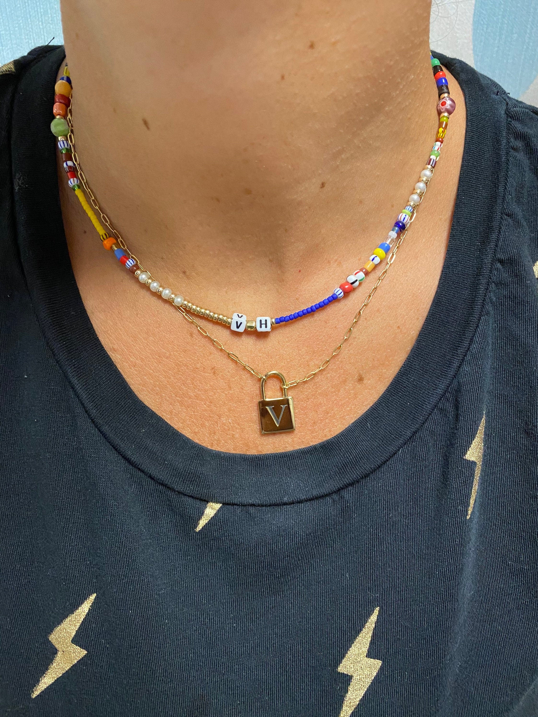 Initial lock necklace on a paper clip chain. Engraved. Personalized lock necklace. Sterling silver and 14K gold plated. Initial lock choker.