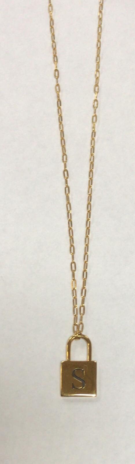 Initial lock necklace on a paper clip chain. Engraved. Personalized lock necklace. Sterling silver and 14K gold plated. Initial lock choker.