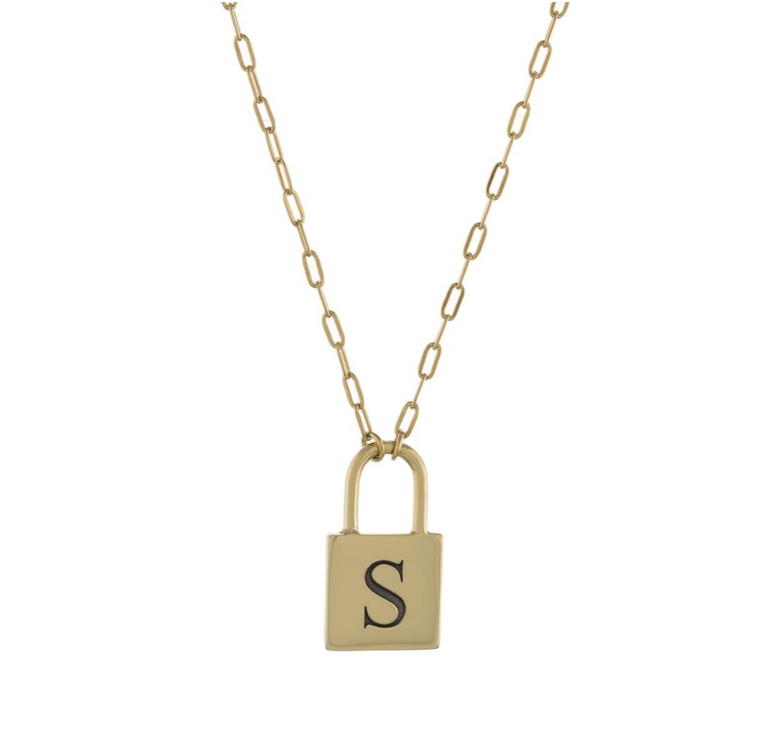 Initial lock necklace on a paper clip chain. Engraved. Personalized lock necklace. Sterling silver and 14K gold plated. Initial lock choker.