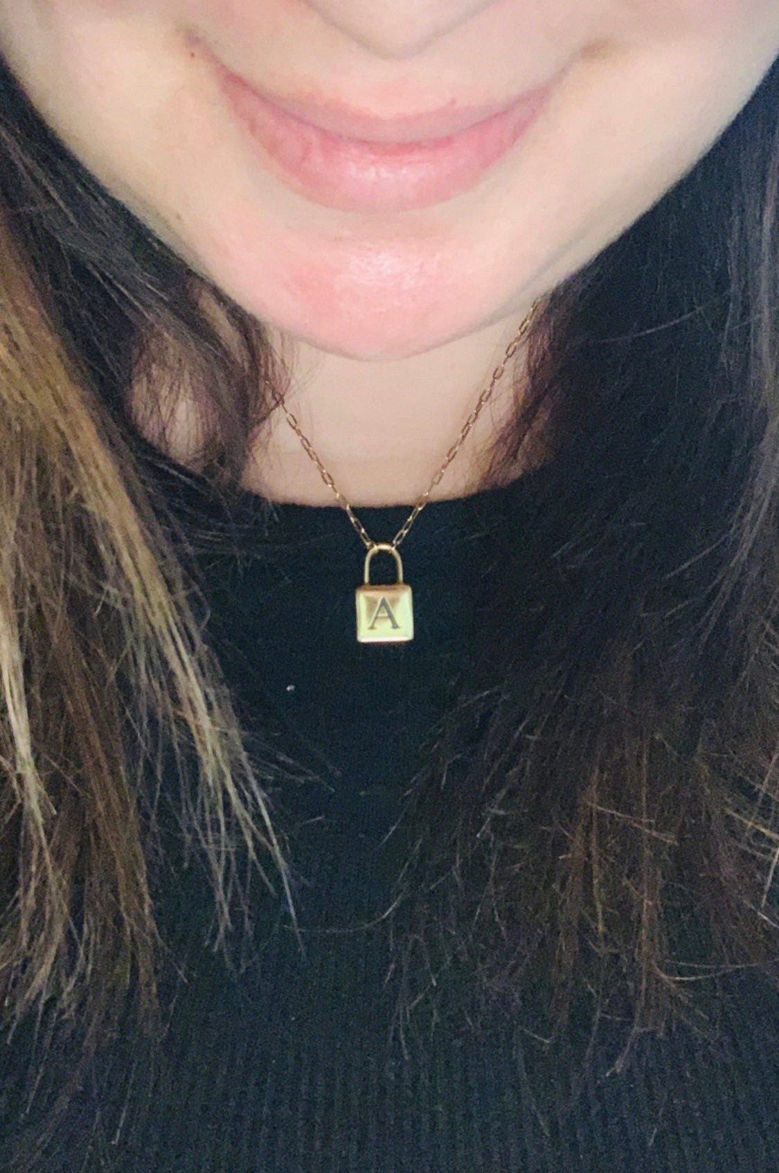 Initial lock necklace on a paper clip chain. Engraved. Personalized lock necklace. Sterling silver and 14K gold plated. Initial lock choker.