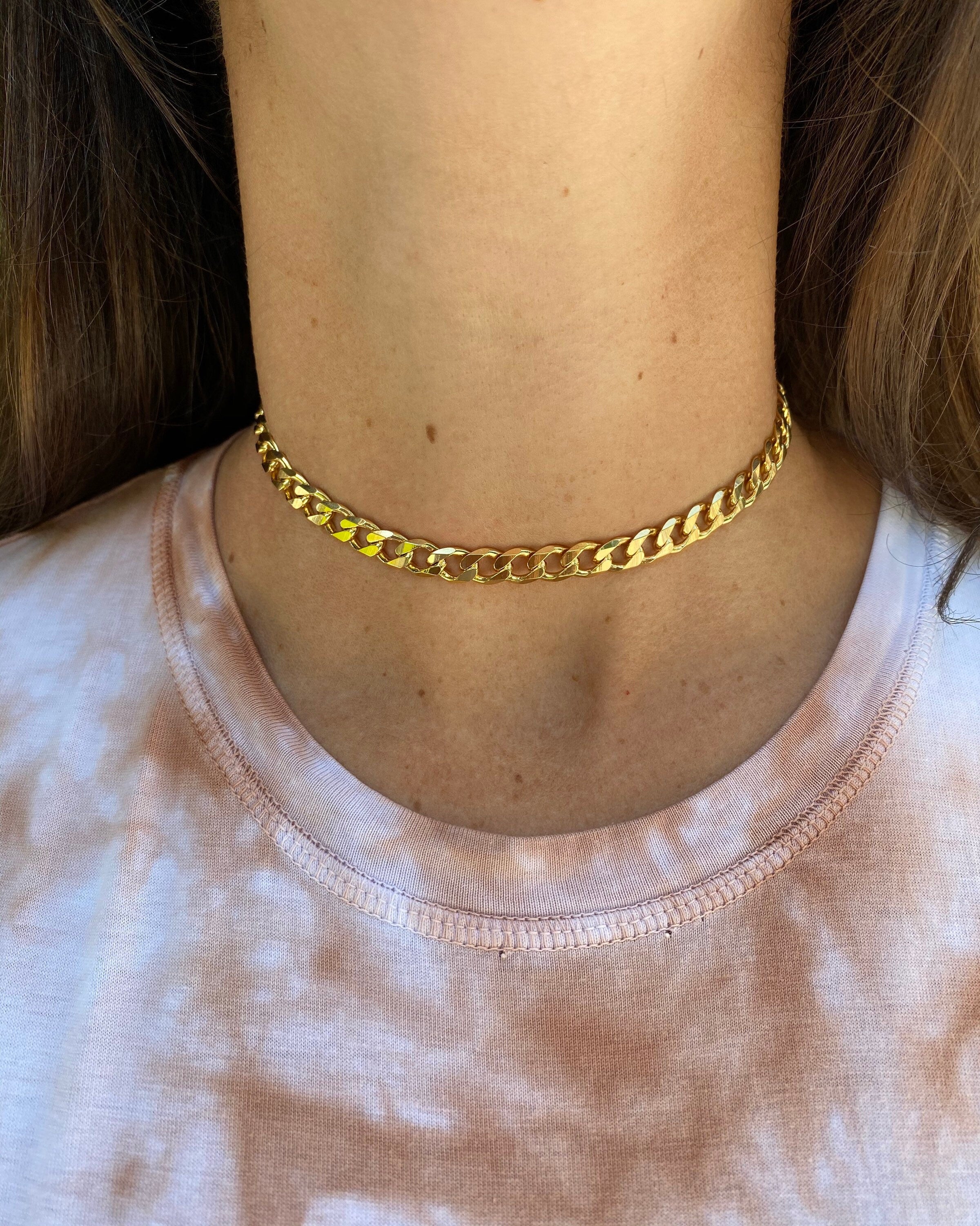 18K gold filled Thick Curb Cuban link choker. Gold or silver color. Any length. Cuban link.