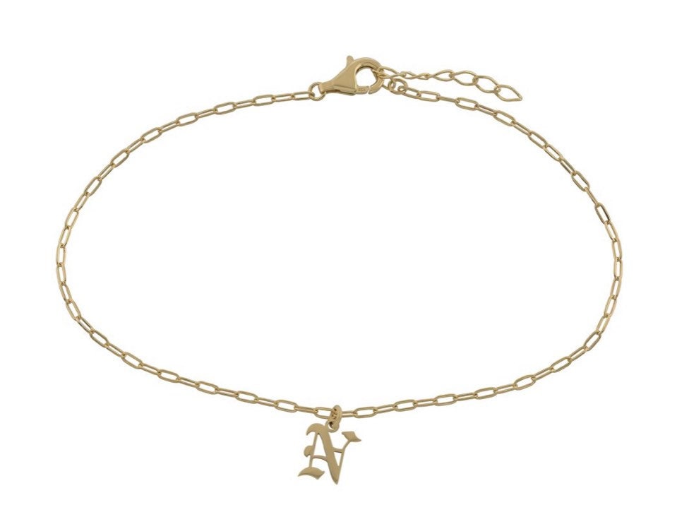 Gothic Initial anklet | goth Letter anklet | old English Personalized anklet | Sterling silver name or initials anklet gold silver