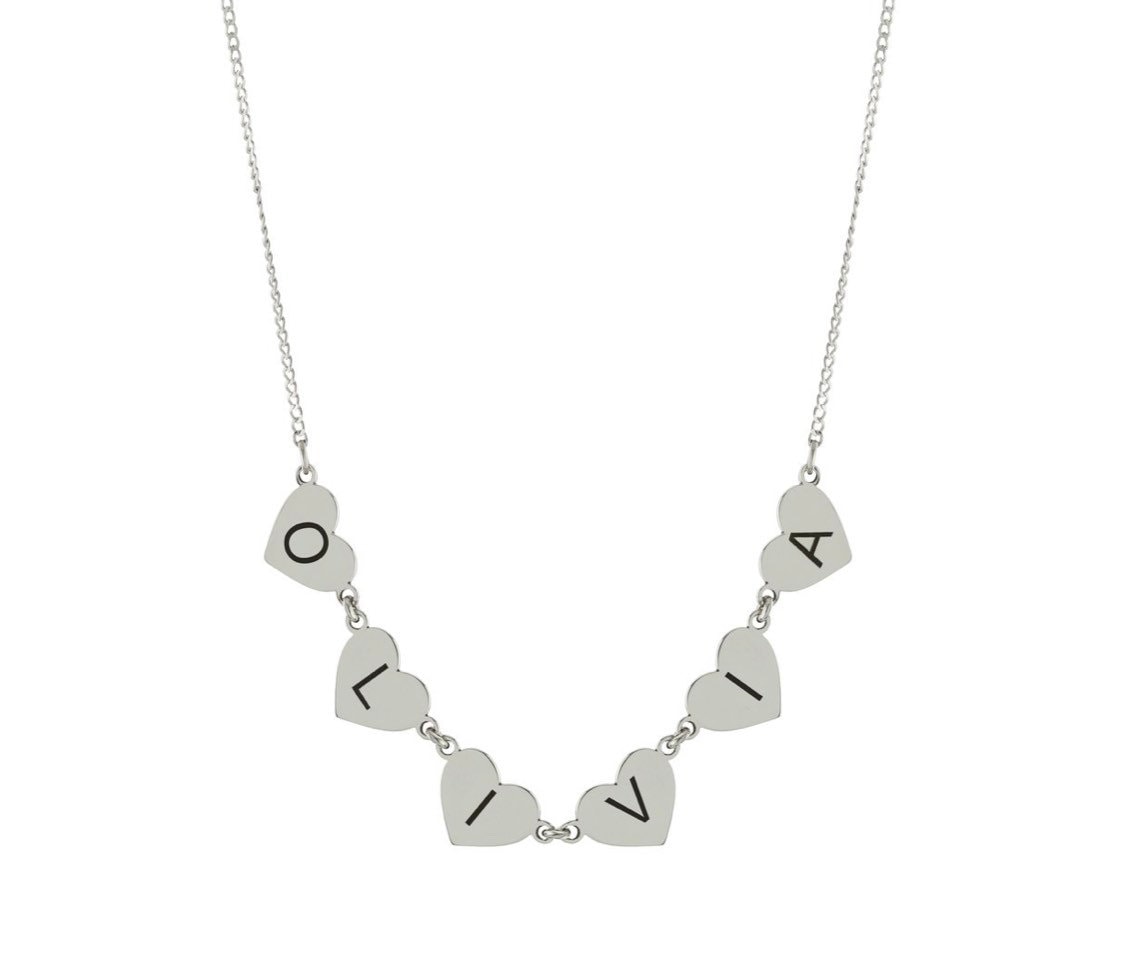Hearts name necklace. Hearts letters / initials necklace. Sterling silver and 14K gold plated. Gold or silver.