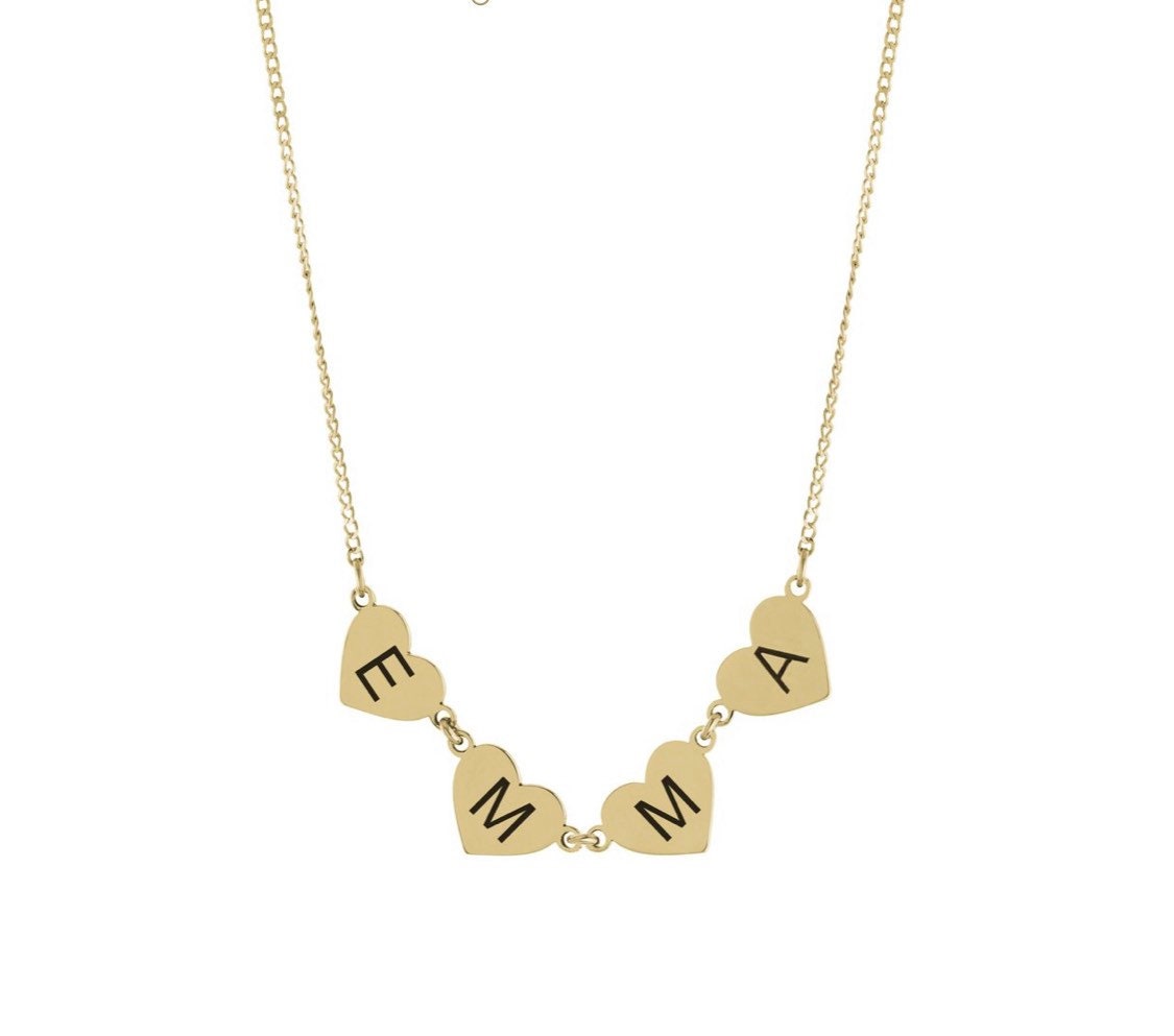 Hearts name necklace. Hearts letters / initials necklace. Sterling silver and 14K gold plated. Gold or silver.