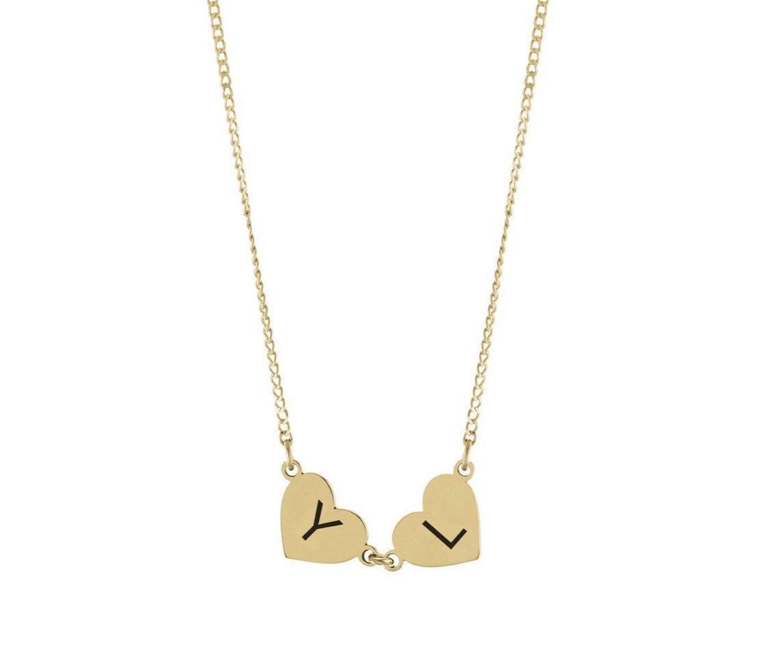 Hearts name necklace. Hearts letters / initials necklace. Sterling silver and 14K gold plated. Gold or silver.