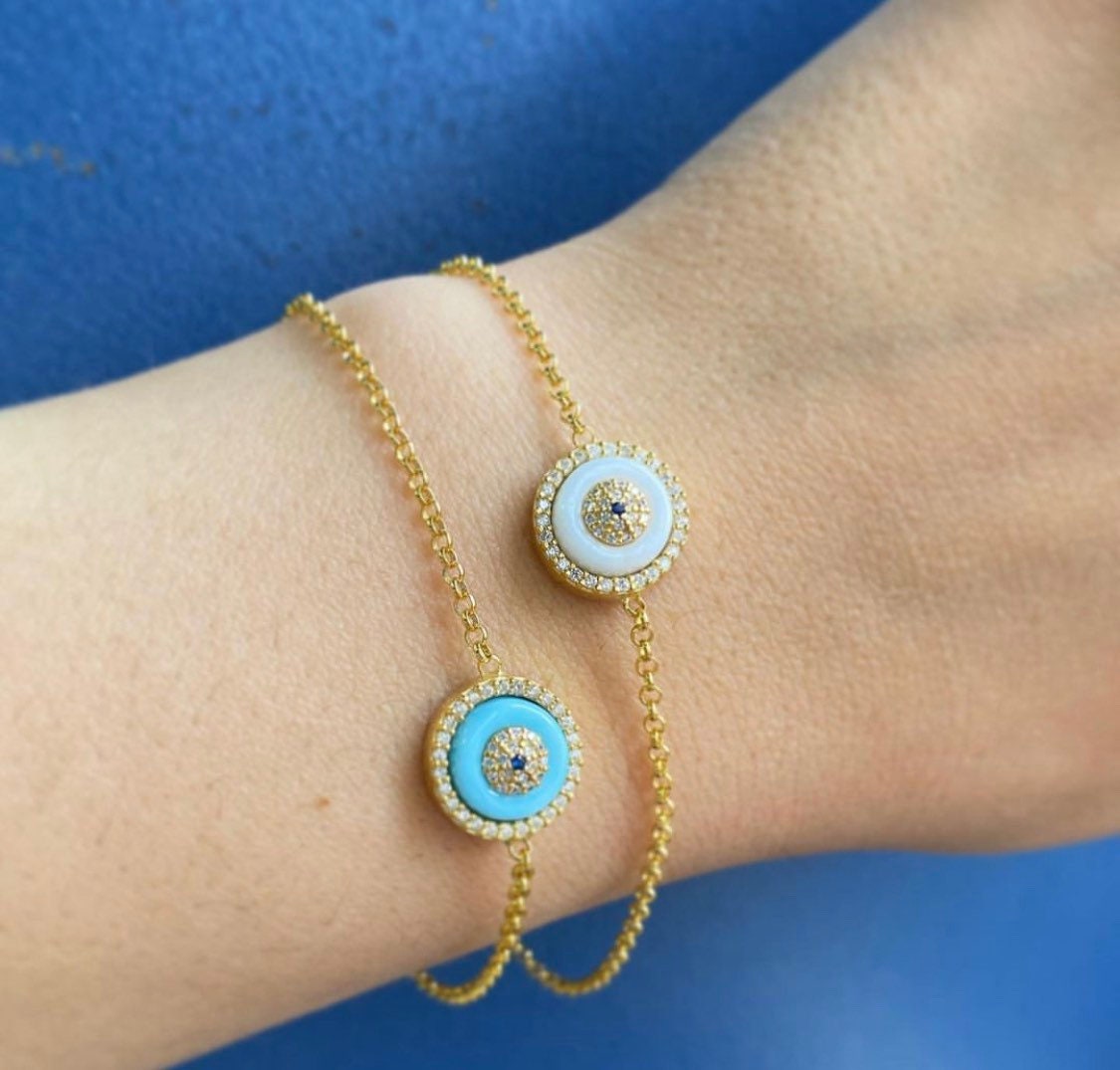 Evil eye bracelets in sterling silver gold, rose gold and silver. Khamsa bracelets. Eye bracelet.