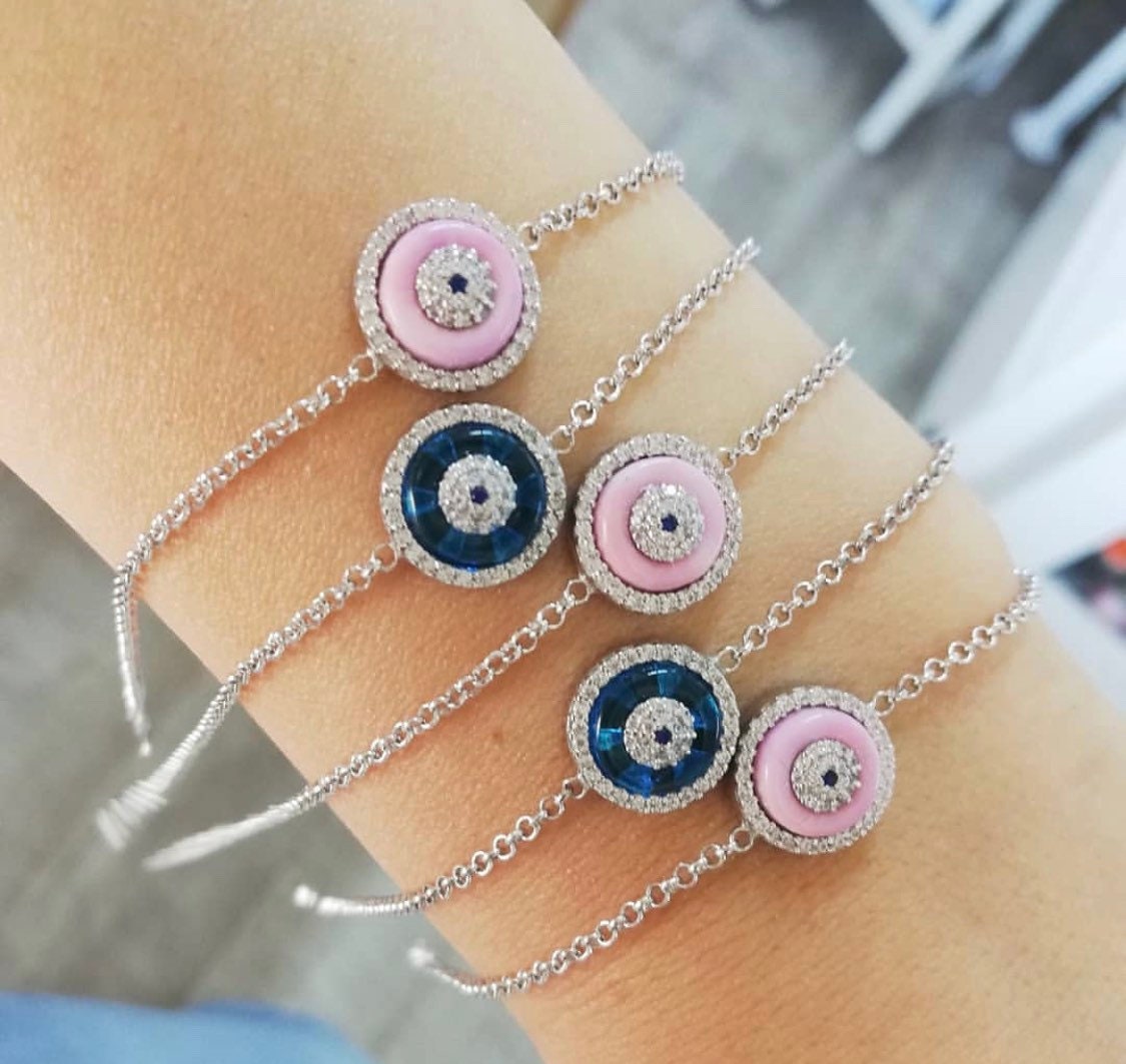 Evil eye bracelets in sterling silver gold, rose gold and silver. Khamsa bracelets. Eye bracelet.