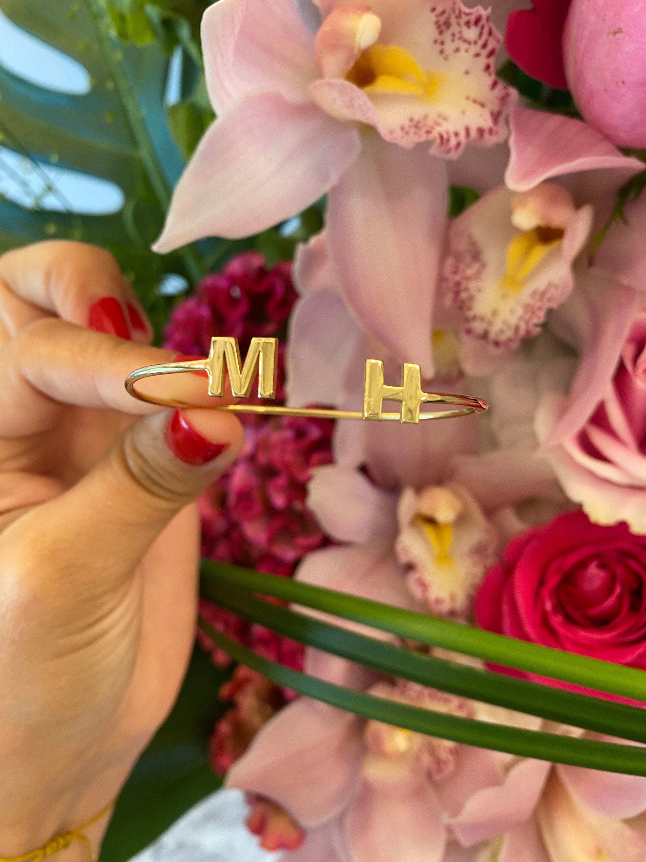 Sterling silver and gold plated initials cuff. Custom initial bracelet. Personalized letters cuff. Personalized initials bangle.