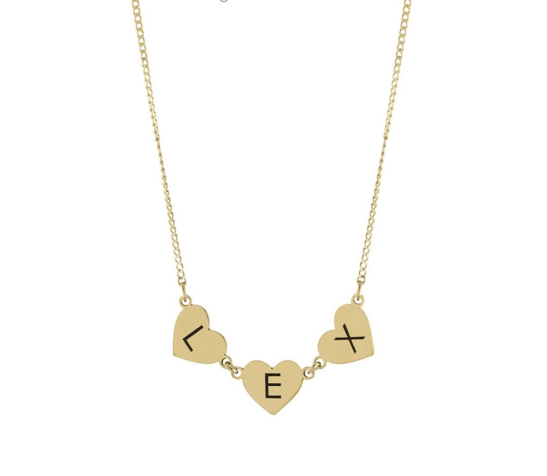 Hearts name necklace. Hearts letters / initials necklace. Sterling silver and 14K gold plated. Gold or silver.