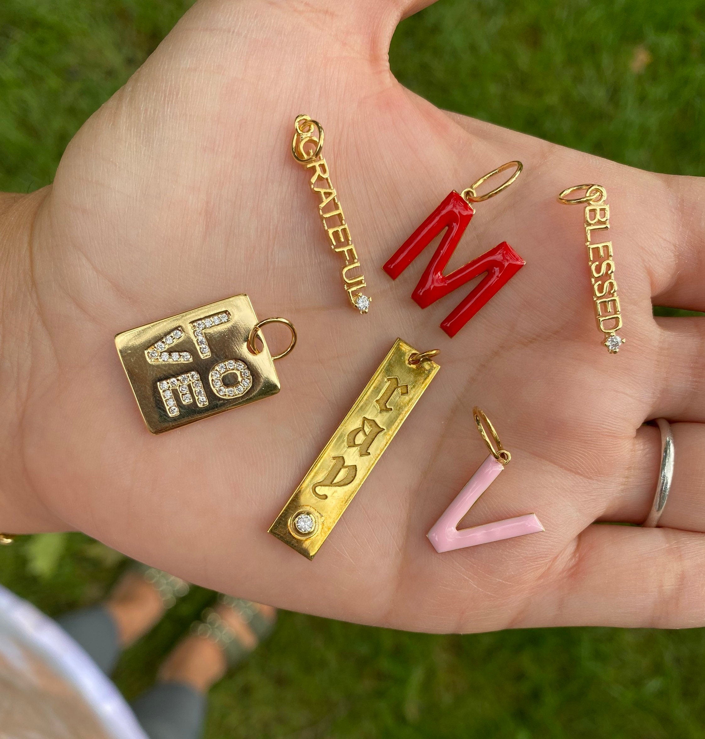 Love charm. Grateful charm. Blessed charm. Enamel charm. Enamel initial / letter charm. Gothic name charm. Sterling Silver Gold Plated.