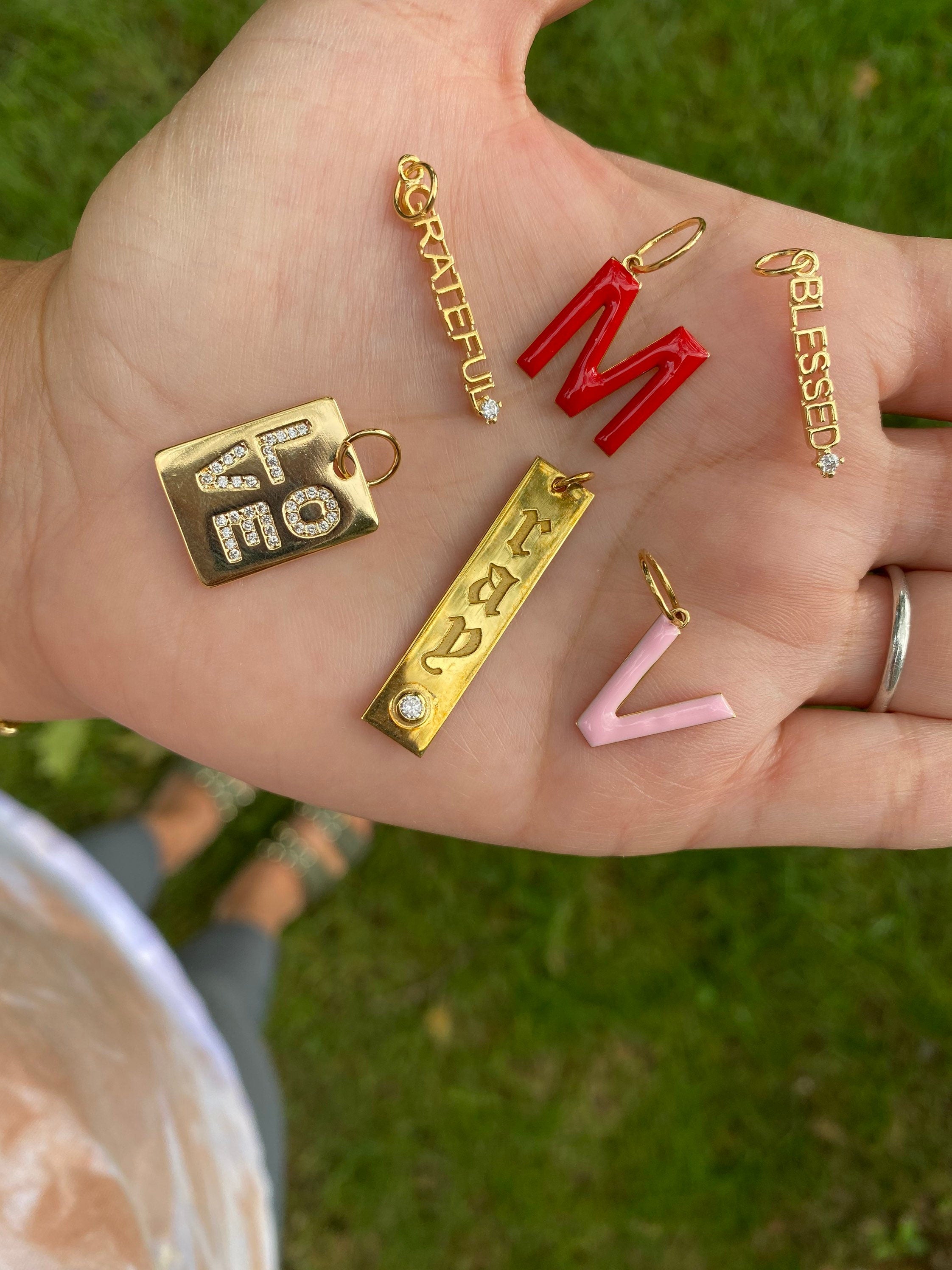 Love charm. Grateful charm. Blessed charm. Enamel charm. Enamel initial / letter charm. Gothic name charm. Sterling Silver Gold Plated.