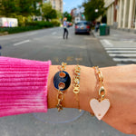 18K medium gold filled paper clip chain bracelet with jumbo enamel heart. Chain bracelets with charm. Gold-filled charm bracelet