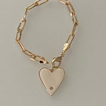 18K medium gold filled paper clip chain bracelet with jumbo enamel heart. Chain bracelets with charm. Gold-filled charm bracelet