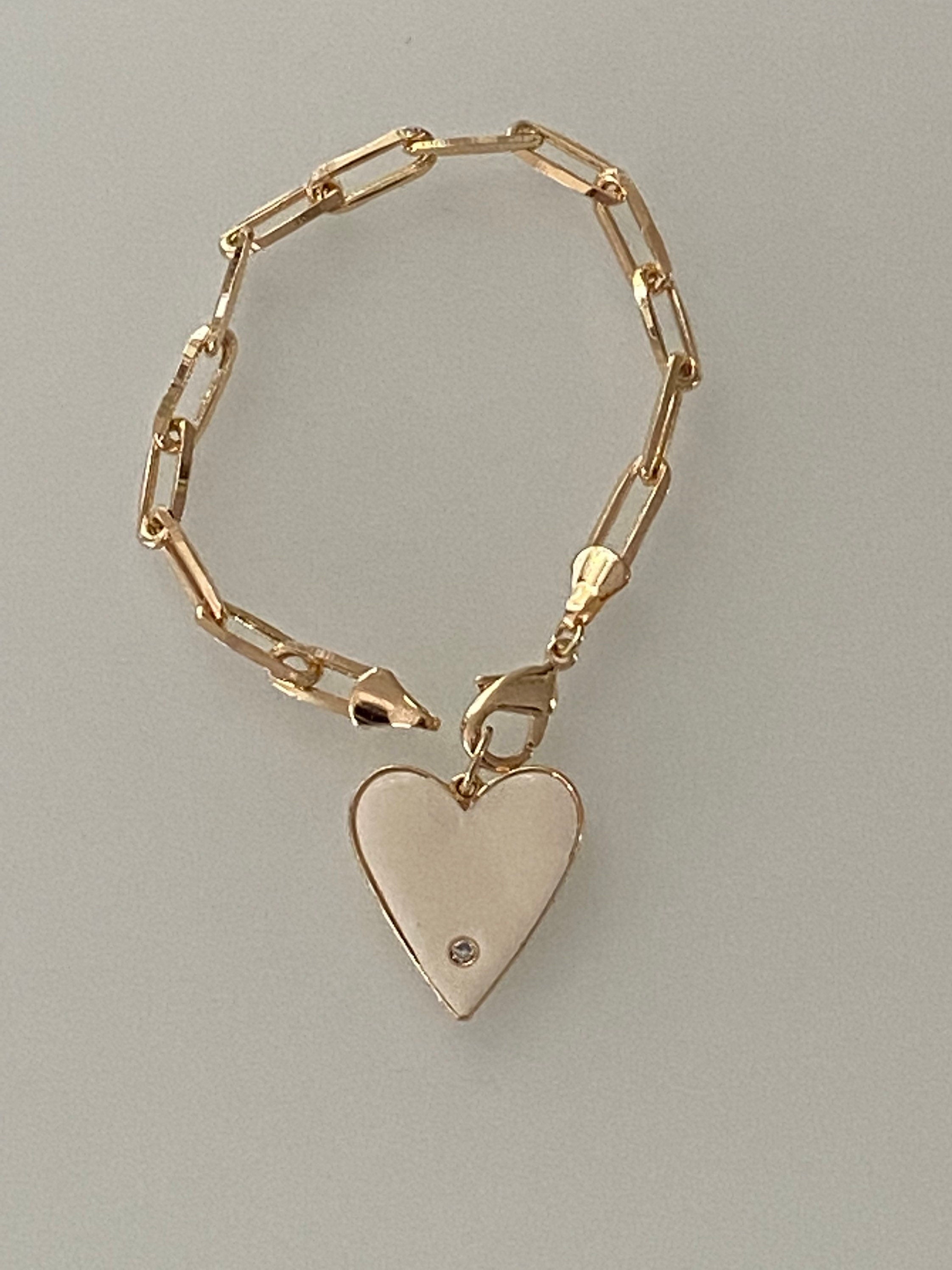 18K medium gold filled paper clip chain bracelet with jumbo enamel heart. Chain bracelets with charm. Gold-filled charm bracelet