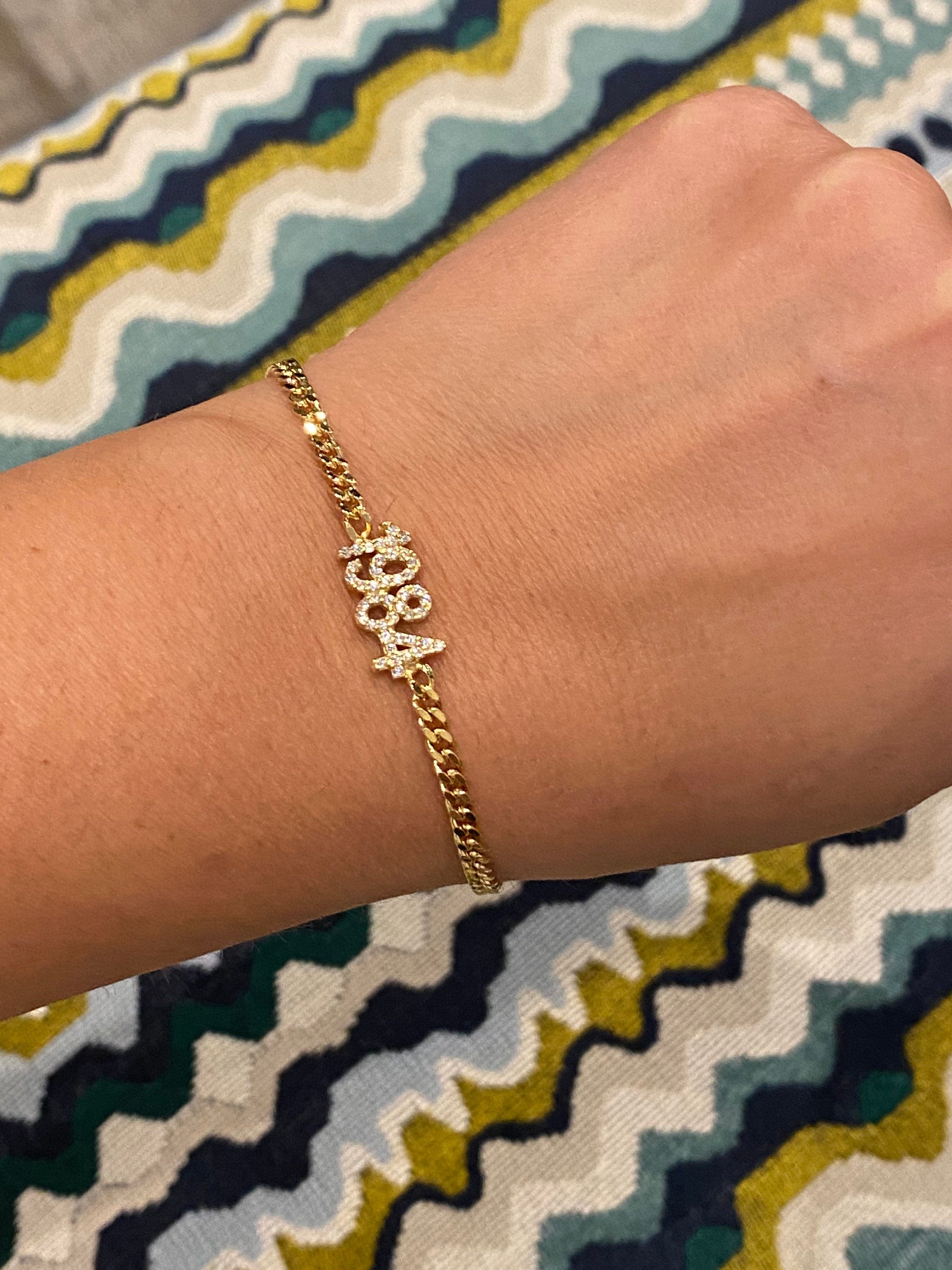 Pave Cuban link personalized year bracelet | Pave personalized curb link custom bracelet | year bracelet in gold, rose gold and silver