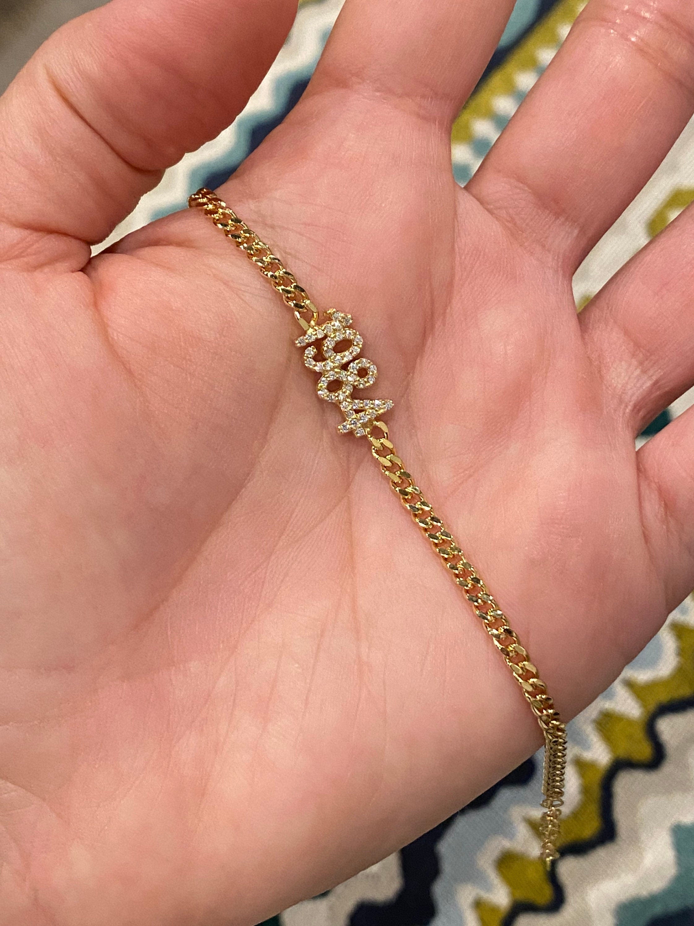 Pave Cuban link personalized year bracelet | Pave personalized curb link custom bracelet | year bracelet in gold, rose gold and silver