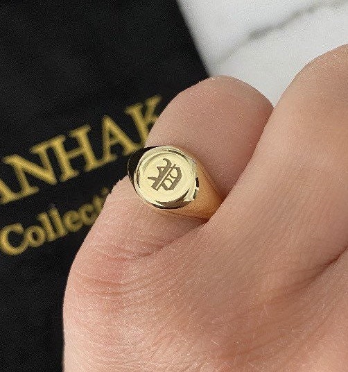 Engraved signet ring in “gothic” font or “old English” font. Personalized signet ring. Custom signet ring. Sterling silver gold plated.