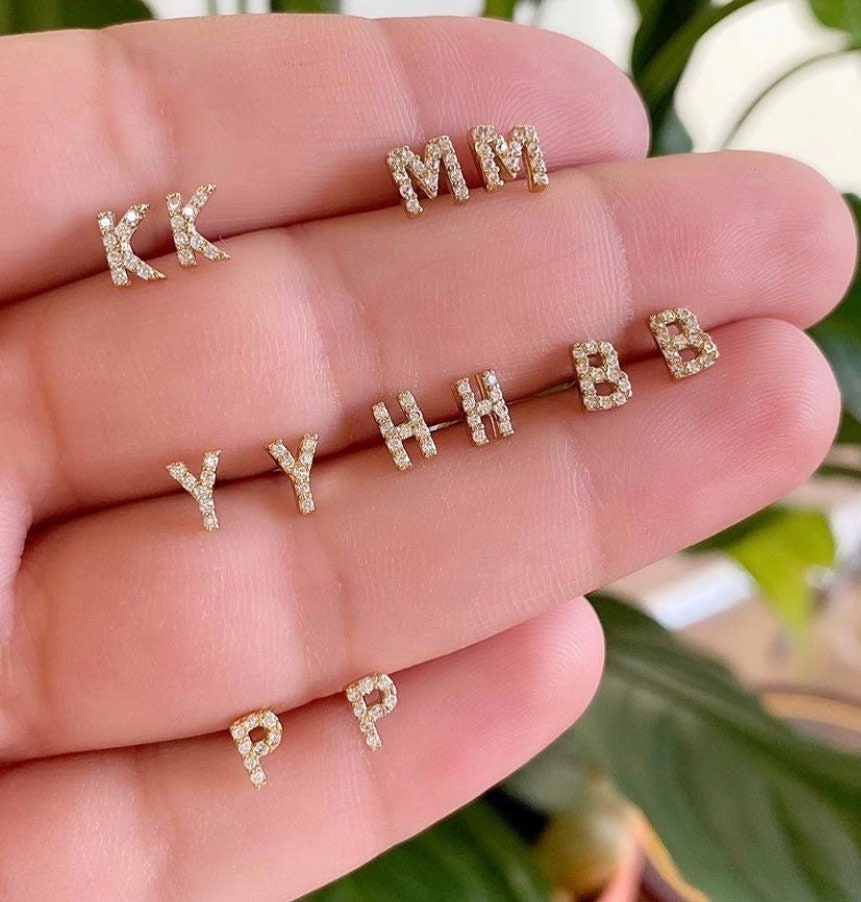 Sterling silver 14K gold plated mini initial letter earrings Studs. Gold, rose gold, silver.