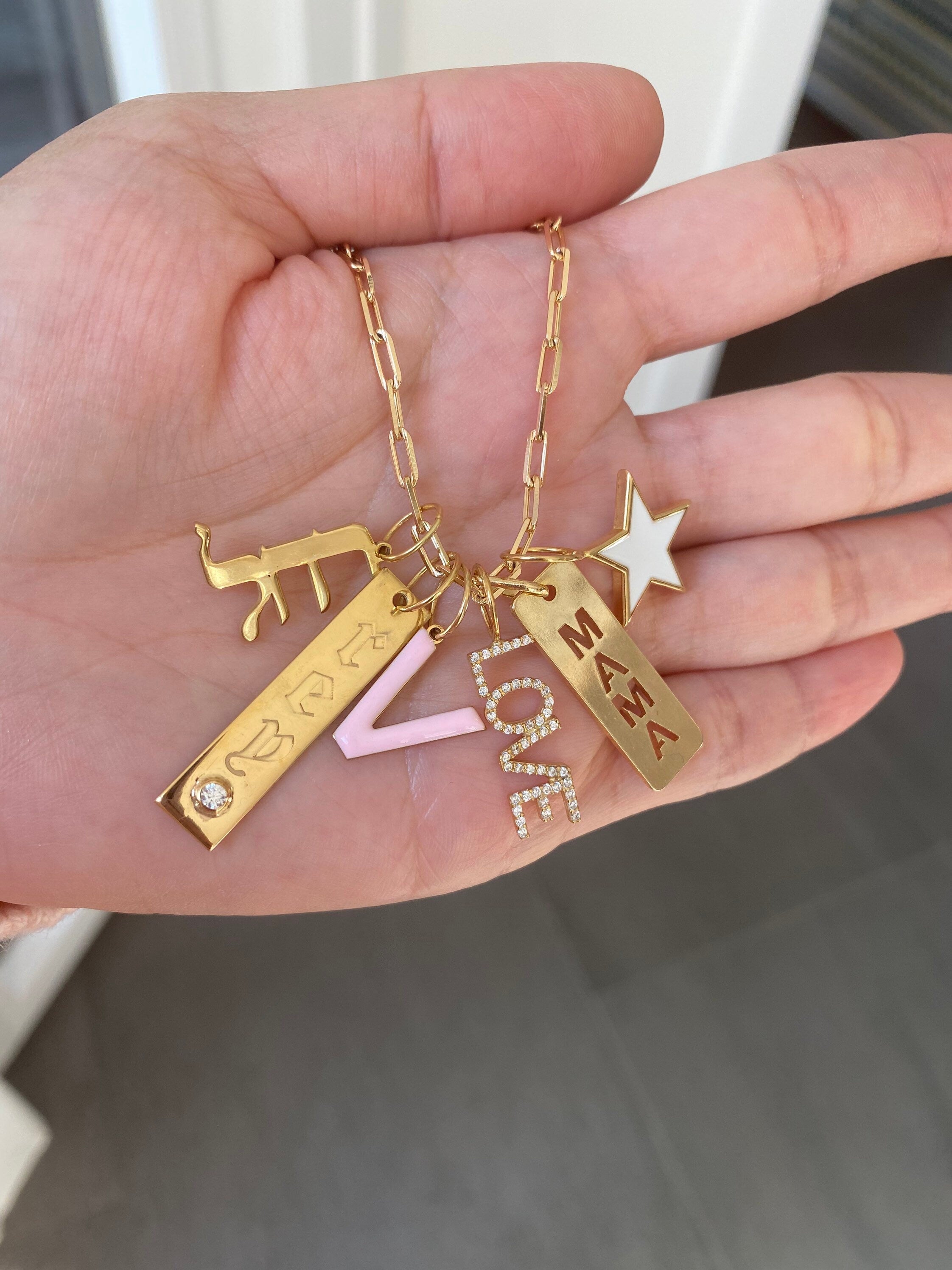 Hebrew name charm. Hebrew letter Charm. Add to any brace or necklace chain. Sterling Silver Gold Plated. Gold, rose gold or silver.