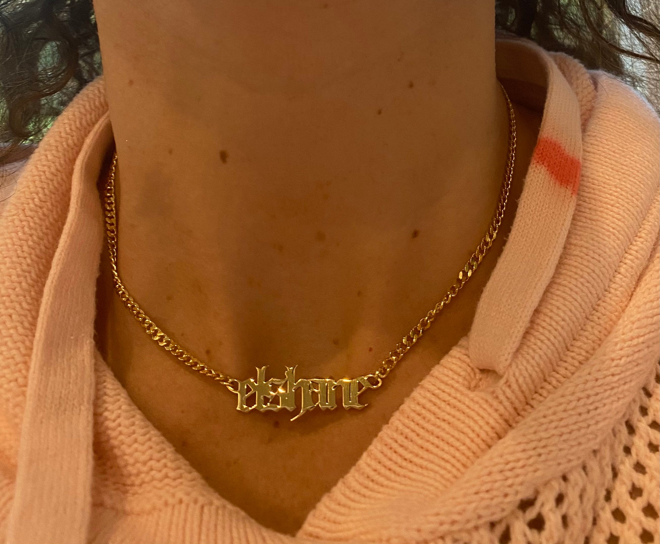 Personalized Gothic nameplate choker. Old English Cuban link necklace. Custom name curb link choker. Sterling silver gold plated.