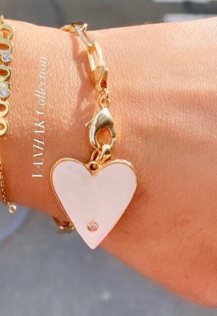 18K medium gold filled paper clip chain bracelet with jumbo enamel heart. Chain bracelets with charm. Gold-filled charm bracelet