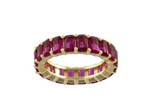Emerald cut eternity band. Wedding band. Anniversary ring. Red Sterling Silver Baguette Style Eternity Band Ring Gold Plated