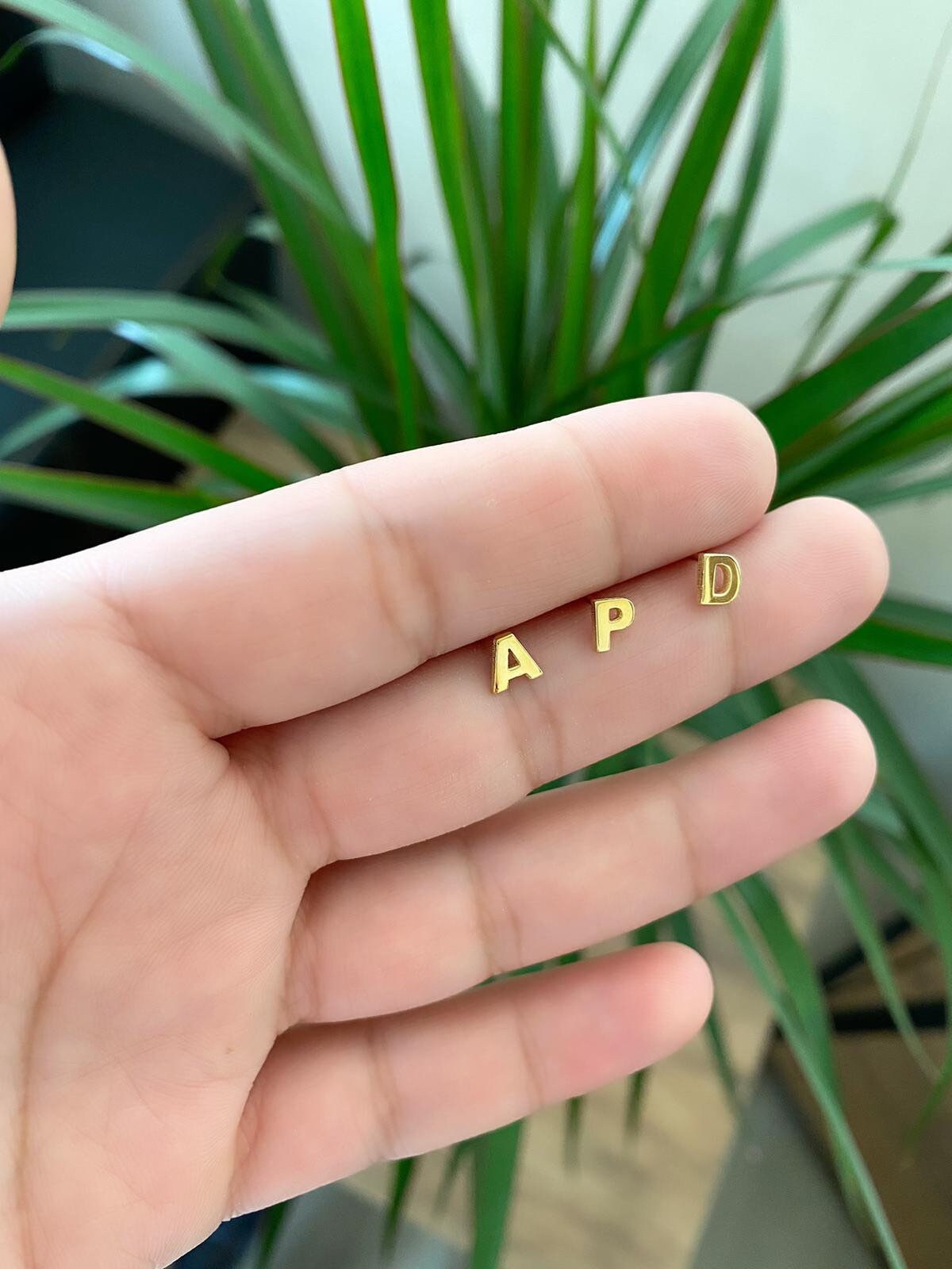 Sterling silver 14K gold plated mini initial letter earrings Studs. Gold, rose gold, silver.