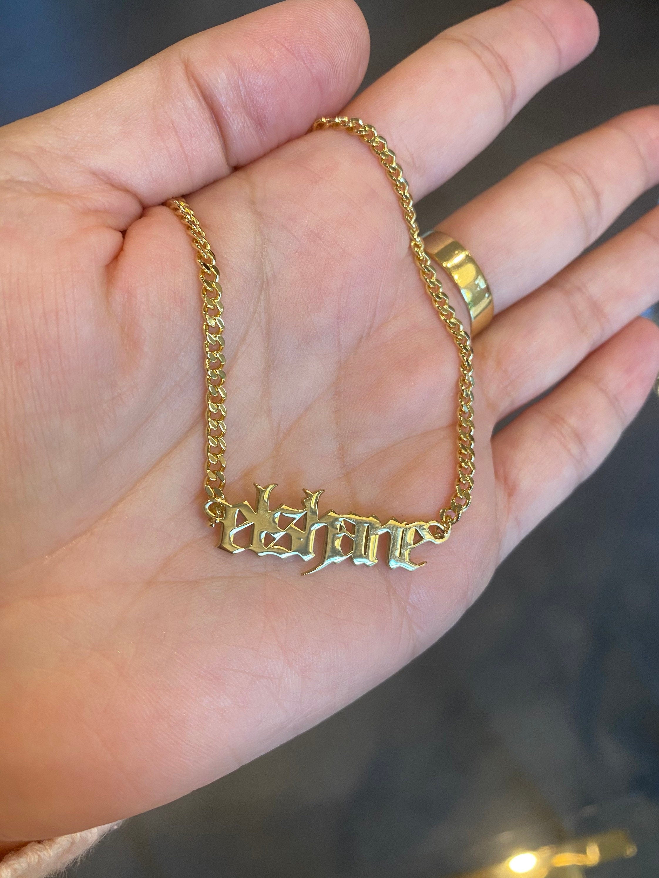 Personalized Gothic nameplate choker. Old English Cuban link necklace. Custom name curb link choker. Sterling silver gold plated.