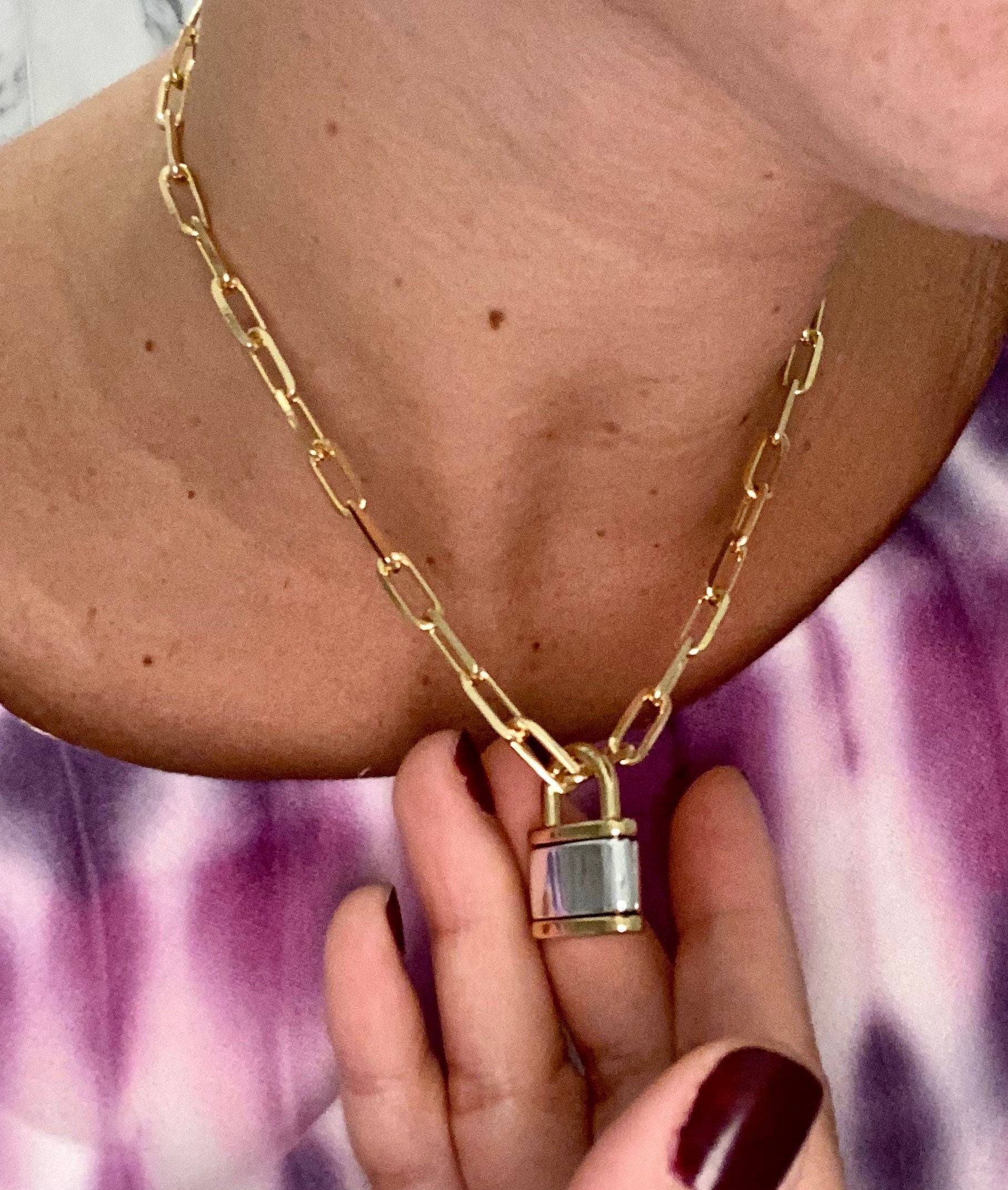 Lock charm necklace. 18K gold filled l, medium paper clip chain necklaces with jumbo two-tone lock. Chain necklaces with charm.