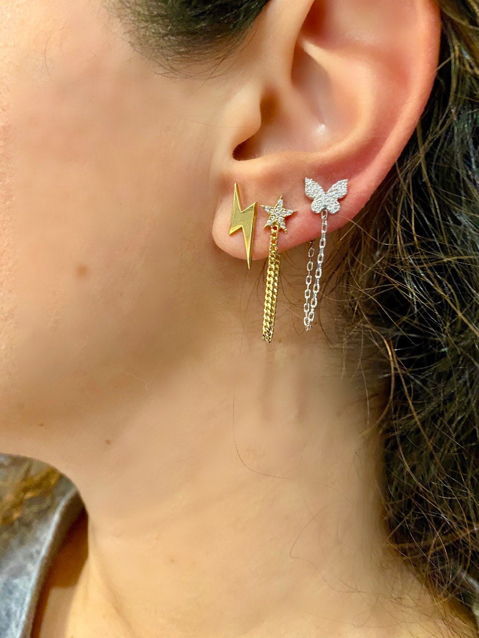 Pave butterfly chain earrings/studs. Chain earrings. Butterfly earrings. Sterling silver 14K gold plated. Gold, rose gold, silver.