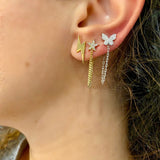 Pave butterfly chain earrings/studs. Chain earrings. Butterfly earrings. Sterling silver 14K gold plated. Gold, rose gold, silver.