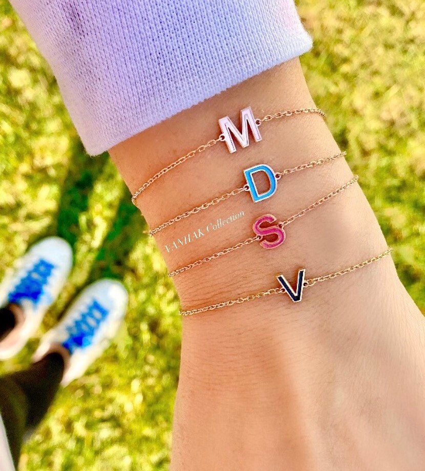Enamel initial bracelets. Sterling silver and gold plated. Enamel letter bracelets. Personalized enamel bracelet.