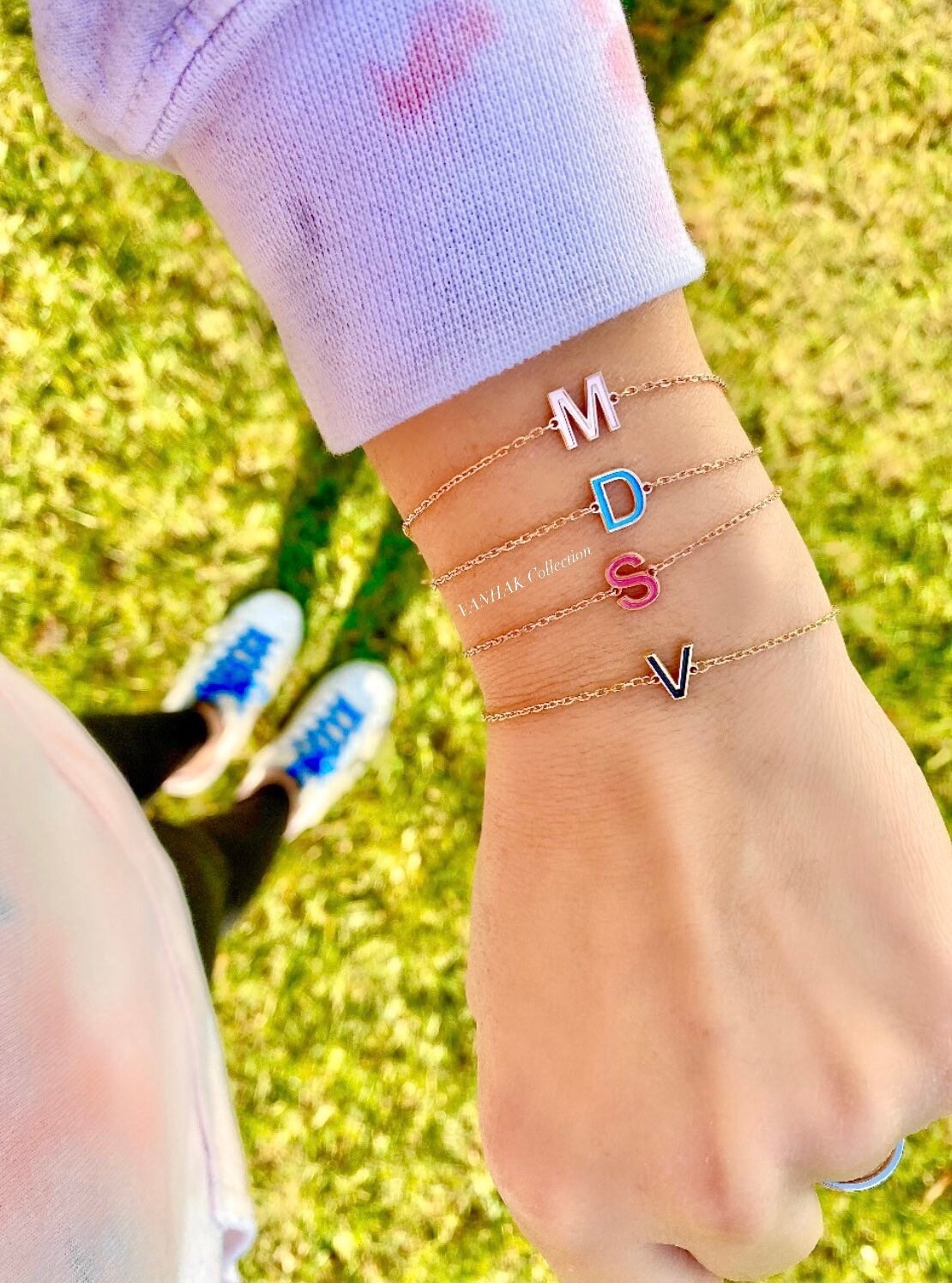 Enamel initial bracelets. Sterling silver and gold plated. Enamel letter bracelets. Personalized enamel bracelet.