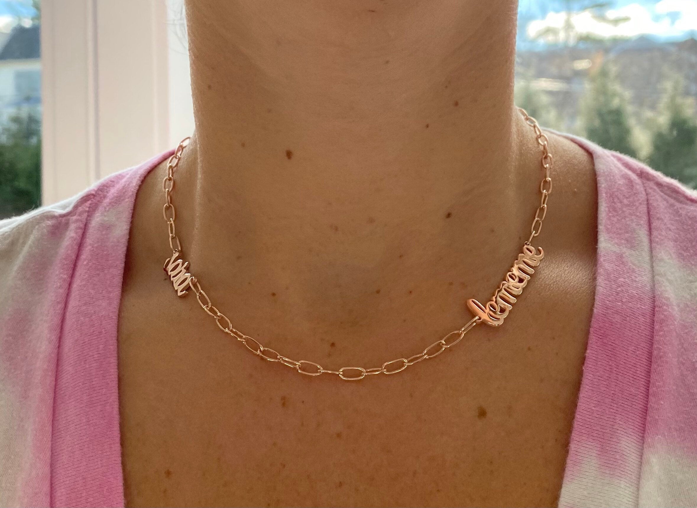 Custom name necklace/choker on paper clip chain. Personalized name necklace choker 2 names. Script nameplate. Sterling silver gold plated