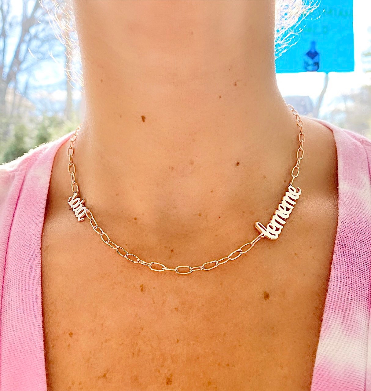 Custom name necklace/choker on paper clip chain. Personalized name necklace choker 2 names. Script nameplate. Sterling silver gold plated
